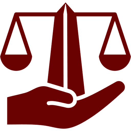 A red silhouette of a hand holding balanced scales, symbolizing justice or fairness.