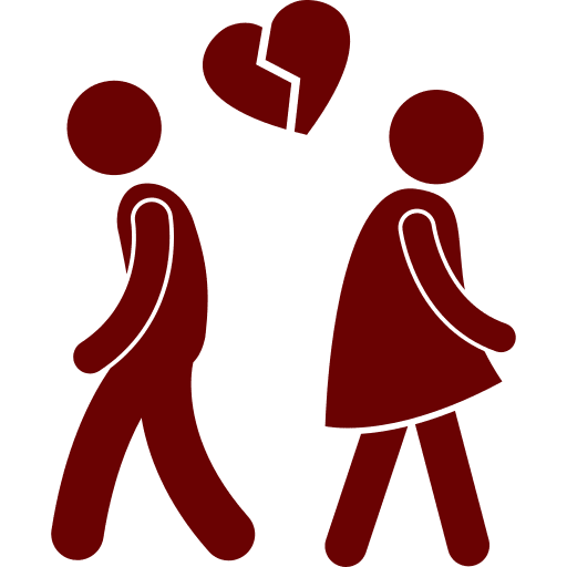 Two stylized figures walking away from each other with a broken heart above them, symbolizing separation or breakup.