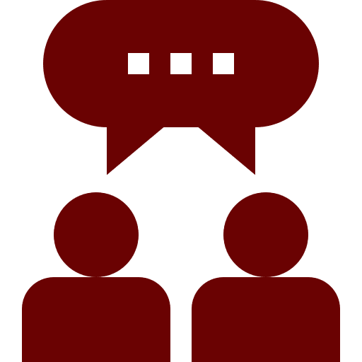 Two silhouetted figures with a speech bubble containing three dots above them, indicating conversation or communication.