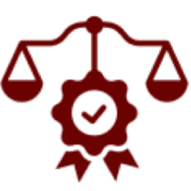 Maroon scales of justice with a ribbon and checkmark in the center.